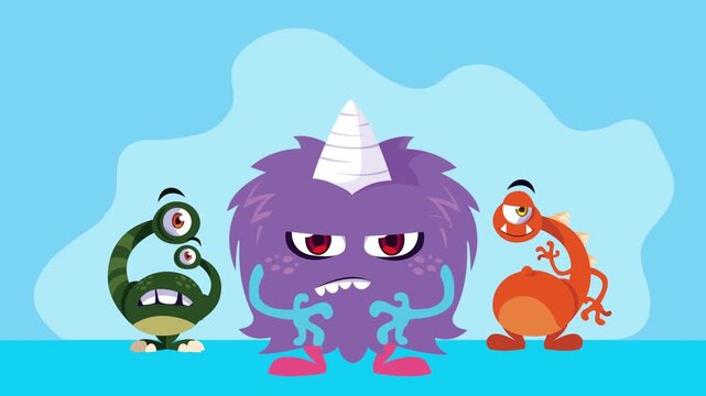 Animated cartoon monsters dancing and playing together on a bright blue background.