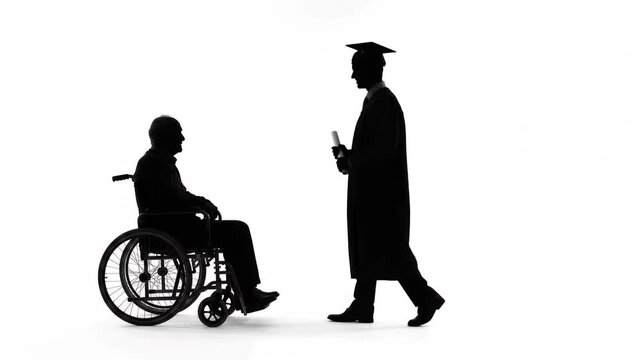 Black silhouette animation depicting a wheelchair user wearing graduation attire facing another graduate, representing education, graduation, accessibility, inclusion and equal opportunity.