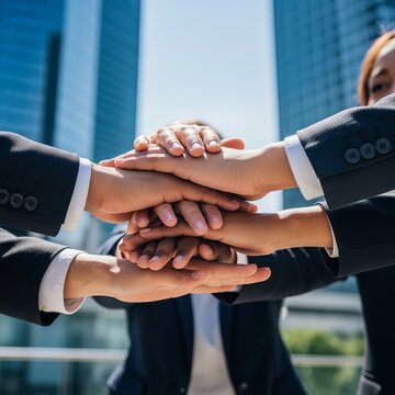 Teamwork and Collaboration - Business Professionals Stacking Hands in Unity.