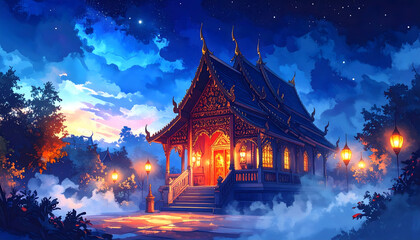 Obraz premium Halloween inspired Thai spirit house at night with soft lantern glow and drifting mist creates mystical atmosphere