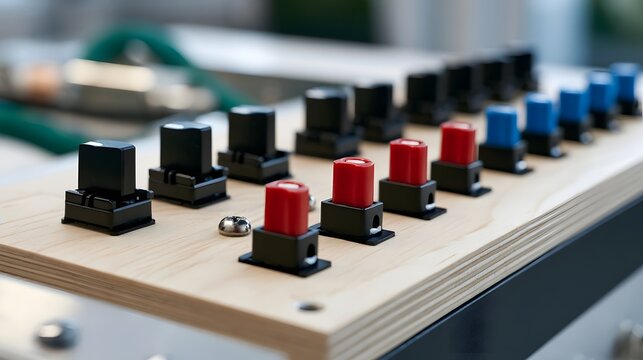 Close up of red and black toggle switches arranged on a light wooden panel with a shallow depth of field
