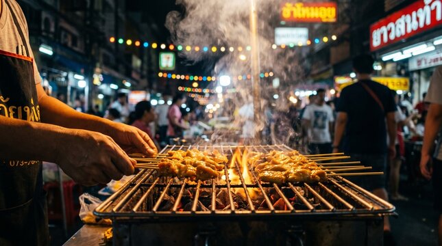 Street food vendor grilling meat skewers on a charcoal fire at a night market.