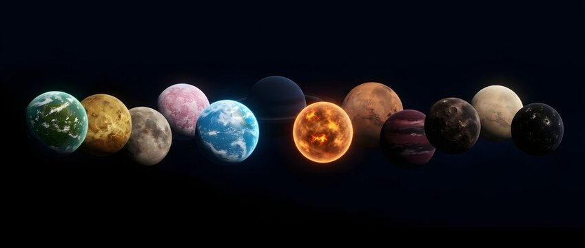 A horizontal alignment of diverse fantasy planets against a dark space background.