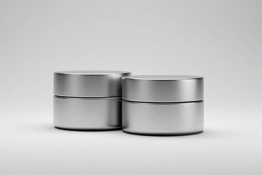 Two round silver metal cosmetic jars stand ready. Minimalist containers offer blank space for product branding. Ideal for beauty creams lotions or balms.