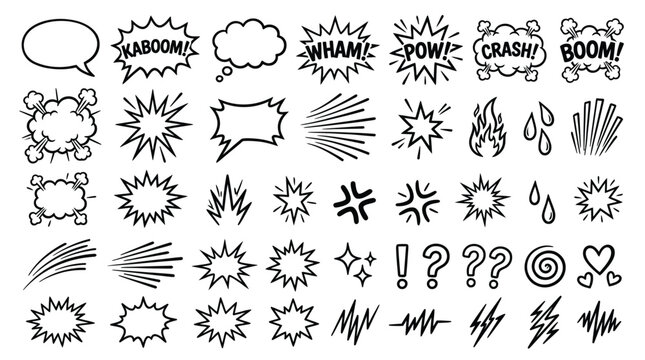 Comic book vector design elements featuring explosive speech bubbles and abstract action shapes for graphic projects