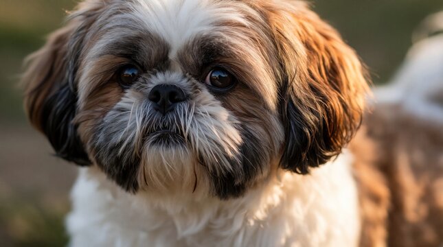 Close-up of a cute Shih Tzu dog with fluffy fur looking attentively. Its face shows brown and white markings, with soft light highlighting its features. This adorable pet is focused, with warm eyes.