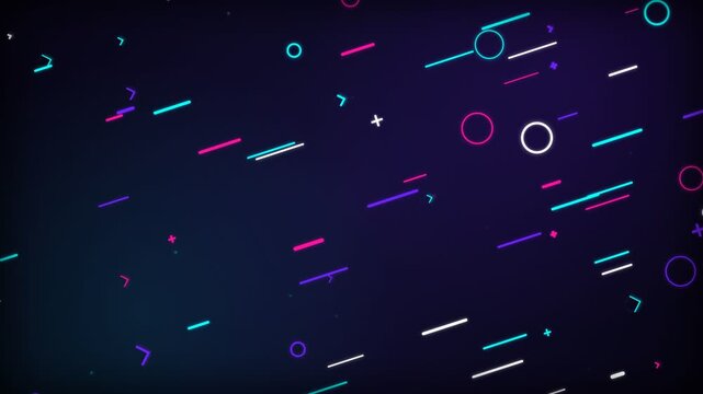 Colorful geometric shapes and dynamic glowing lines drift across a dark cosmic nightscape filled with floating particles and energetic movement creating an immersive visual experience