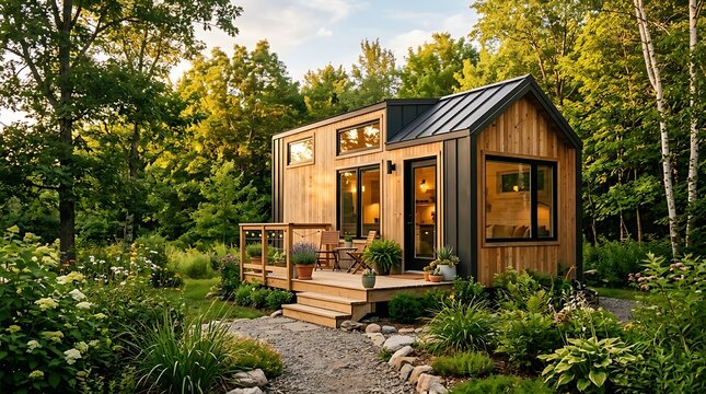 Modern tiny house exterior with wooden siding and deck in a lush forest setting.