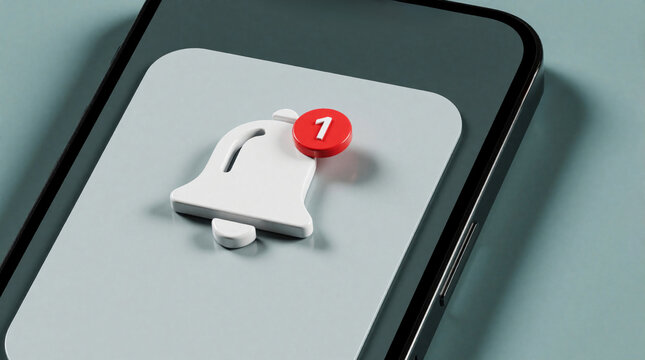 Mobile phone screen shows one unread alert badge on a notification bell icon. Modern digital interface element for urgent messages and app updates.