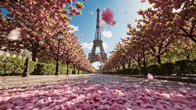 A Low Perspective View of the Eiffel Tower Framed by Blossoming Pink Trees on a Cobblestone Path