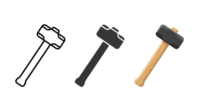 Sledgehammer tool vector illustration showing detailed outline flat graphic and realistic colored wooden handle design style