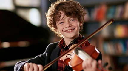 Child musician joyful performance close up realistic Composite school music room backdrop.  © MAGNIFIER
