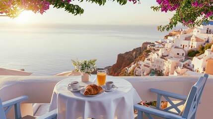 Naklejka premium Romantic breakfast table set on terrace overlooking sea