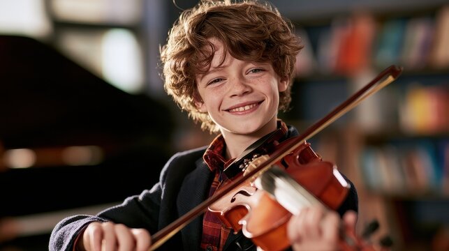 Child musician joyful performance close up realistic Composite school music room backdrop. 