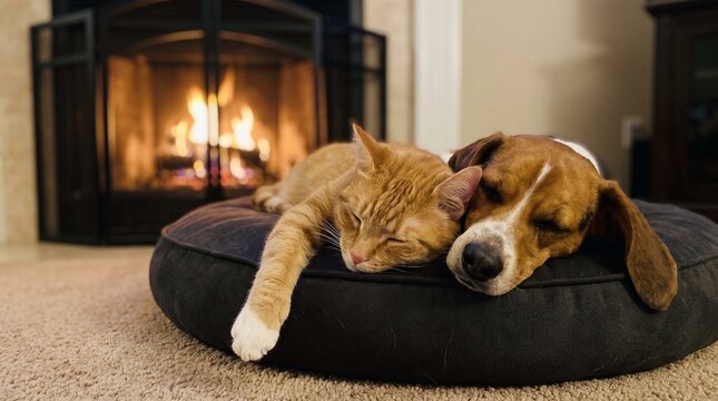 Sleeping Cat And Dog On Cushion In Front Of Fire