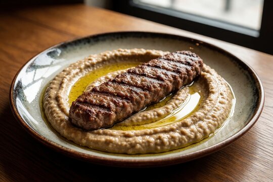 Grilled Adana kebab sits on creamy smoky eggplant puree with olive oil drizzle. Tasty minced meat skewer served on baba ghanoush in rustic ceramic plate. Delicious middle eastern protein dish for