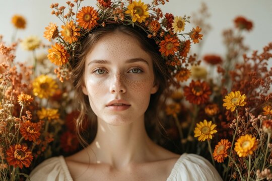 Portrait of a young woman wearing natural flower crown. She stands among vibrant dried flora and autumn blooms outdoors. Model has gentle expression with bohemian style.