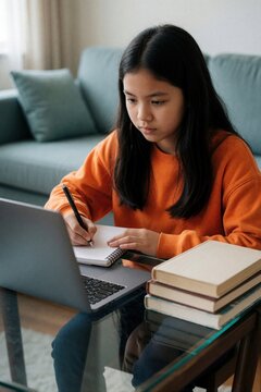 Young Asian girl studies with laptop at home. Concentrated student writes notes in notebook on glass table. Teenager homework online course using computer. Female learner focuses on remote education,