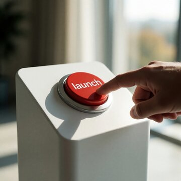 Close up finger presses big red launch button on white minimalist podium. Decision to start project or mission. Start, activate, begin, initiate, go.