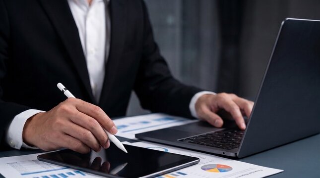 ai productivity and business automation concept: a professional typing on a laptop with a futuristic assistant interface, chatbot tools, analytics, and digital workflow icons.