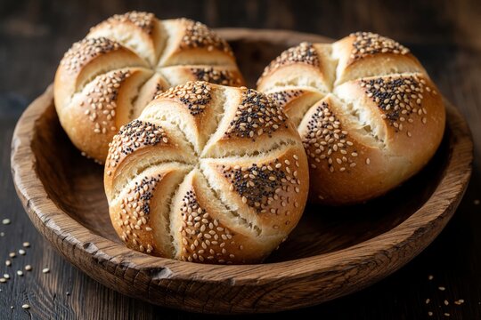 Three kaiser rolls sprinkled with sesame and poppy seeds sit in a rustic wooden bowl. These golden brown buns offer a delicious crusty texture for breakfast or sandwiches.