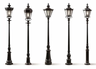 Naklejka premium Five ornate vintage street lamps on white background