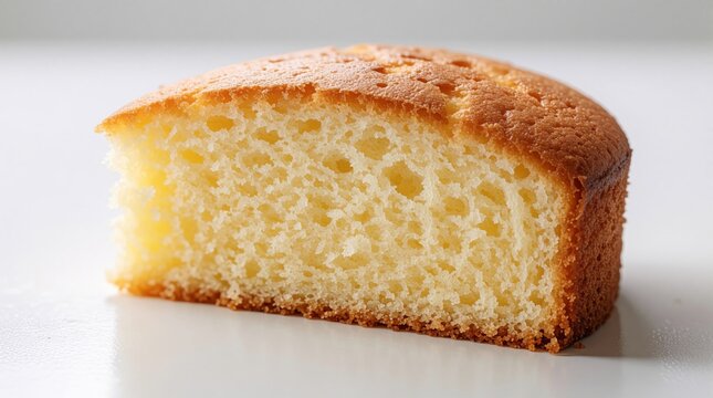 Plain cake slice rests on clean white surface, golden crust, airy interior visible. Simple dessert shot perfect for food blogs, bakeries, culinary presentations needing basic sweet treat.