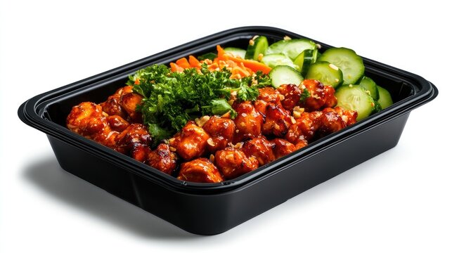 The image shows a black rectangular container filled with a meal that includes glazed, bite sized pieces of protein garnished with fresh green herbs