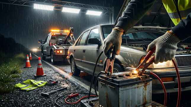 Mechanic Jumps Starting a Car Battery with Jumper Cables in a Workshop Setting