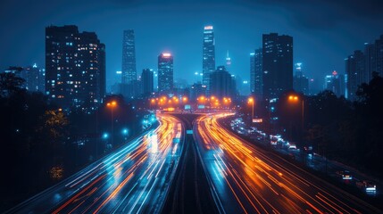 Obraz premium The image depicts a bustling cityscape at night with a prominent skyline filled with tall, illuminated skyscrapers