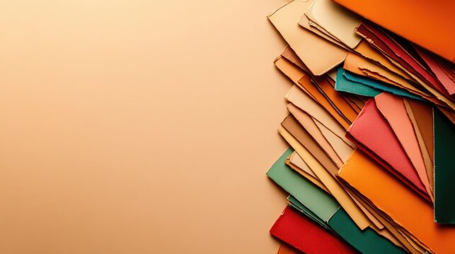 A neat stack of colorful envelopes and papers is arranged on the right side of the image, overlapping each other in a slightly haphazard manner
