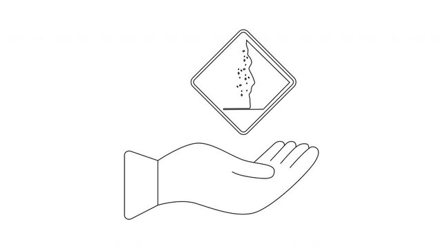 Hand holding a plant seedling in a square pot with a leaf icon above.
