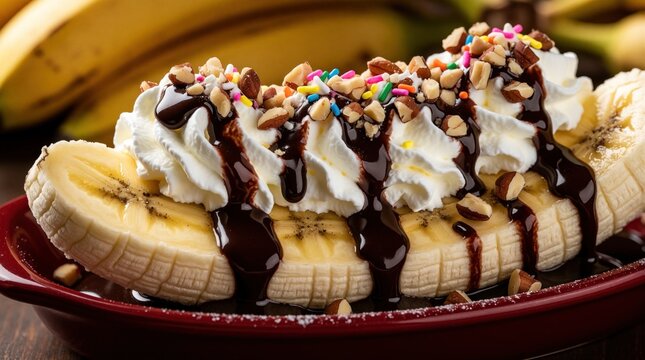 Banana split dessert with whipped cream, chocolate sauce, nuts and sprinkles. Delicious sweet treat served in red bowl. Perfect for parties, celebrations and cafes.