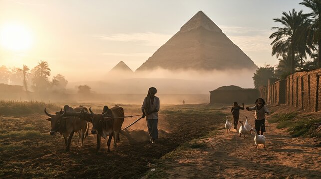 Farmer plowing field with oxen near pyramids at