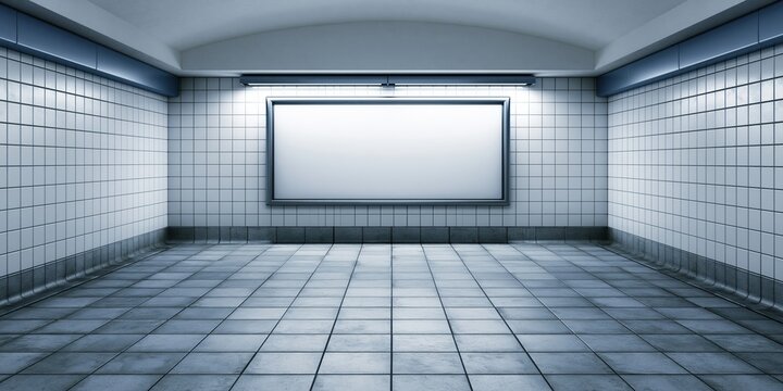 Empty tiled subway station tunnel with blank illuminated