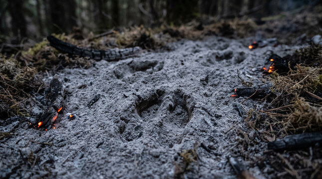Animal tracks imprinted in ash and embers from a forest fire.