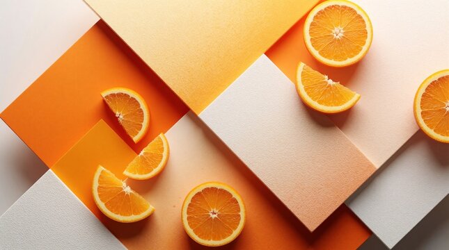 Abstract geometric composition of fresh orange slices on colorful paper panels. Vibrant orange, cream background with layered rectangular shapes. Minimalist flat lay design featuring citrus fruit