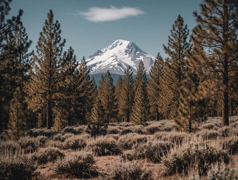 Snow capped Mount Hood rises above dry high desert pine forest in Oregon. Scenic mountain view through evergreen trees, sagebrush shrubs. Vast wilderness landscape under blue sky for outdoor