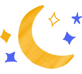 Cute yellow crescent moon with colorful sparkle stars, watercolor night sky weather icon vector illustration isolated on transparent background © minkyoung