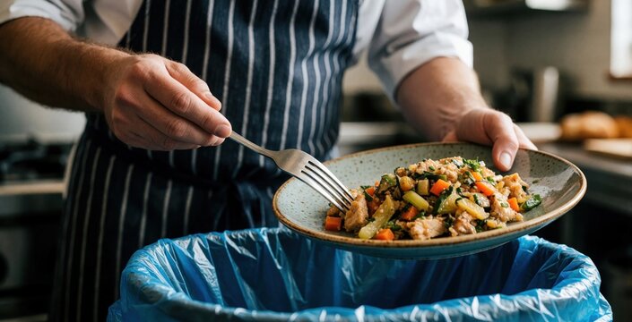 Chef scrapes uneaten food from plate into blue rubbish bin, showing food waste concept. Unwanted meal disposal in restaurant kitchen. Kitchener discards leftovers. Reduce food waste.
