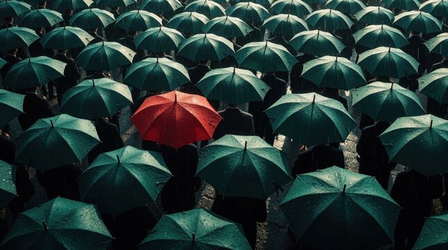 People with dark green umbrellas walk in rain. One person holds a bright red umbrella, standing out from crowd. Symbol of individuality against conformity.