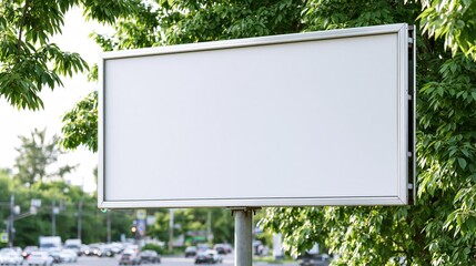 Fototapeta premium Empty white billboard surrounded by green trees near