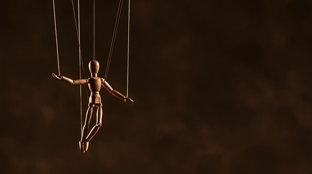Wooden marionette puppet suspended by strings against dark