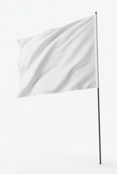 White fabric flag waving on grey pole against