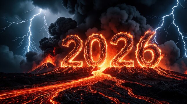 Glowing lava numbers 2026 form on volcanic landscape. Massive eruption with hot magma flows, dark smoke clouds. Bright lightning strikes in stormy sky over mountain. Dramatic apocalypse scene with