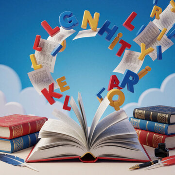 Colorful letters and pages fly out of open book, creating words and stories. Stacks of old books and writing tools suggest learning and literature in bright studio setting.