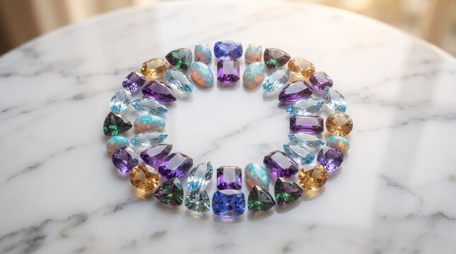 Colorful gemstones arranged in a circle on marble surface