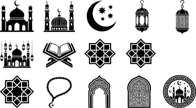 Islamic Ramadan icon set featuring mosque silhouettes with minarets, crescent moon and stars, Arabic fanous lanterns, holy Quran on rehal stand, geometric Islamic stars