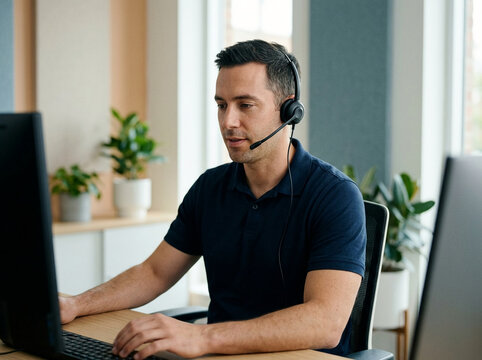 Professional male customer service representative wearing a headset and working on a computer in a modern office setting, providing technical support.