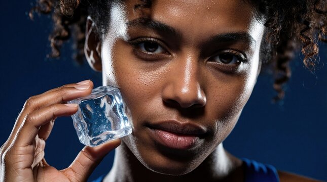 Fit woman touches face with ice cube after workout sweat. She cools skin post-exercise recovery. Healthy lifestyle refresh for active person. Face treatment at home gym.